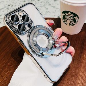 iPhone 15 クリアケース MagSafe充電 レンズ保護 カバー スタンド付き メッキ加工 