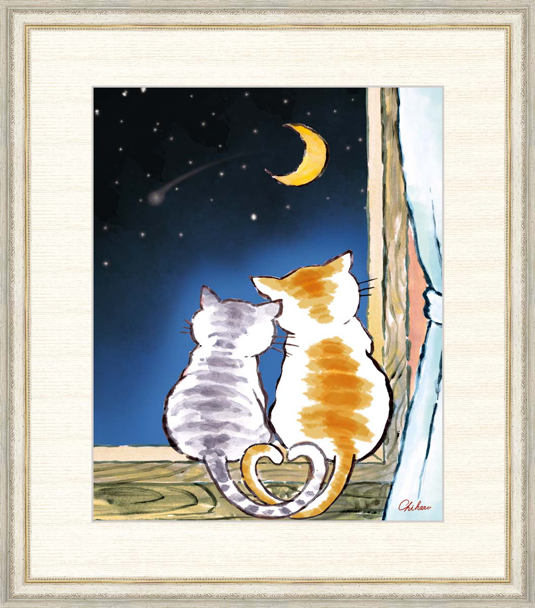 High-definition digital print, framed painting, Cat on a crescent moon night by Chiharu, F8, Artwork, Prints, others