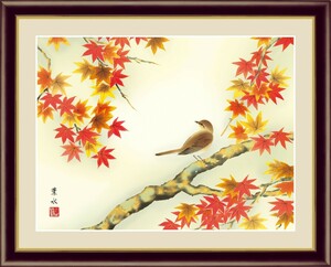 Art hand Auction 高精細デジタル版画 額装絵画 日本画 花鳥画 秋飾り 緒方葉水作 ｢紅葉に小鳥｣ F6, 美術品, 版画, その他