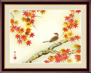 Art hand Auction Impresión digital de alta definición, pintura enmarcada, pintura japonesa, pintura de pájaros y flores, decoración de otoño, Hojas de otoño y pájaros pequeños de Ogata Hasu, F6, Obra de arte, Huellas dactilares, otros