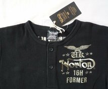 ノートン NORTON 長袖Ｔシャツ ヘンリーネック ワッフル編み 2つボタン 刺繍 Lサイズ ブラック 黒_画像3