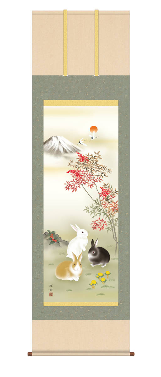 Hanging scroll High-definition art painting Purely domestic hanging scroll Auspicious zodiac good luck painting Nagae Keishu Three Rabbits Nanten Fukuju Shakugo Onyx Windchin Insect repellent incense service, painting, Japanese painting, flowers and birds, birds and beasts