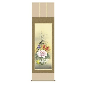 Art hand Auction 掛け軸 掛軸 純国産掛け軸 床の間 花鳥画 ｢四季花｣ 北山歩生 尺五 桐箱畳紙収納 オニックス風鎮 防虫香サービス, 絵画, 日本画, 花鳥, 鳥獣