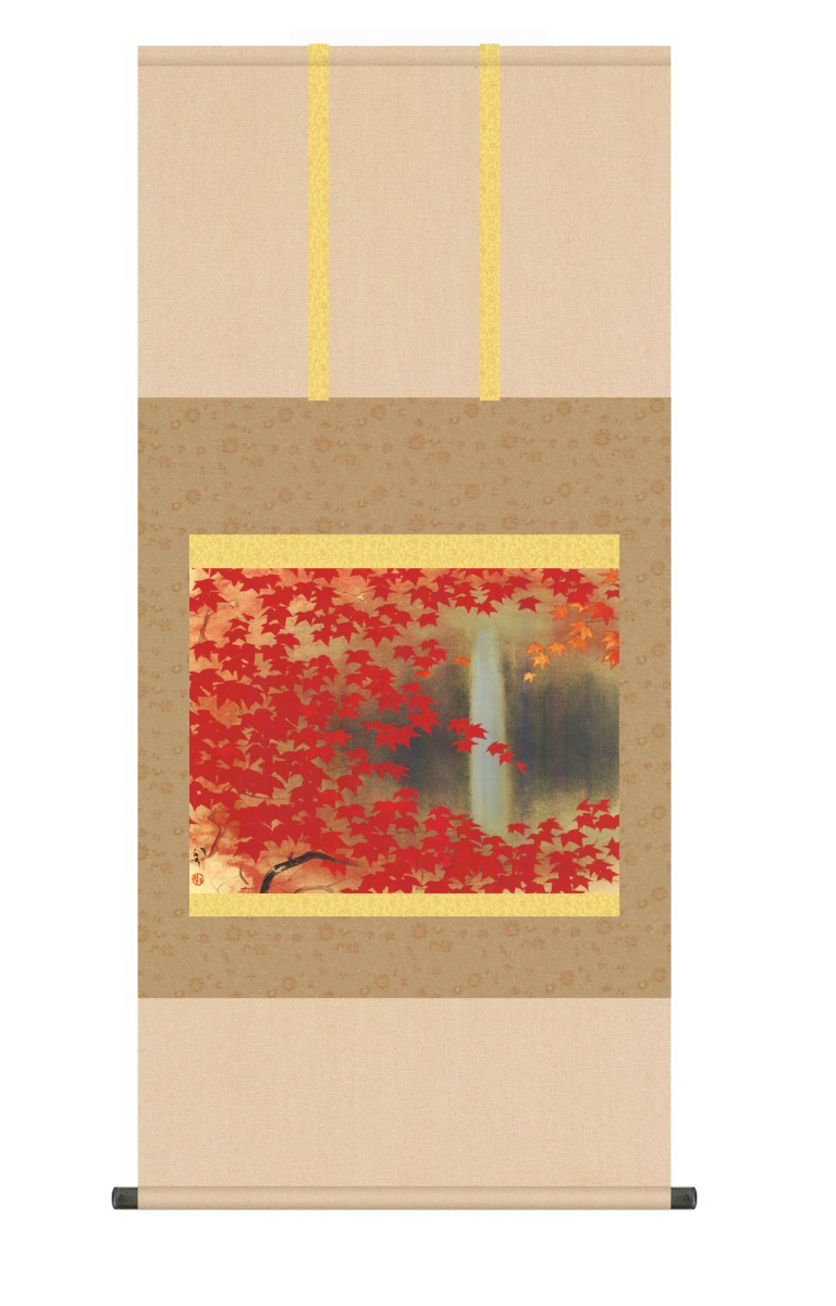 Hängerolle, hochauflösende Kunst, reine japanische Hängerolle, Meisterwerk Reproduktion, Ryushi Kawabata, Herbstlaub an einem Wasserfall, 150 cm, Windspiel aus Onyx, Insektenschutz-Räucherservice, Malerei, Japanische Malerei, Landschaft, Wind und Mond