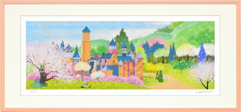 Жикле принт, картина в рамке, Замок Лебенбург и яблони весной, Тацуо Хари, 720X330 мм, произведение искусства, Принты, другие