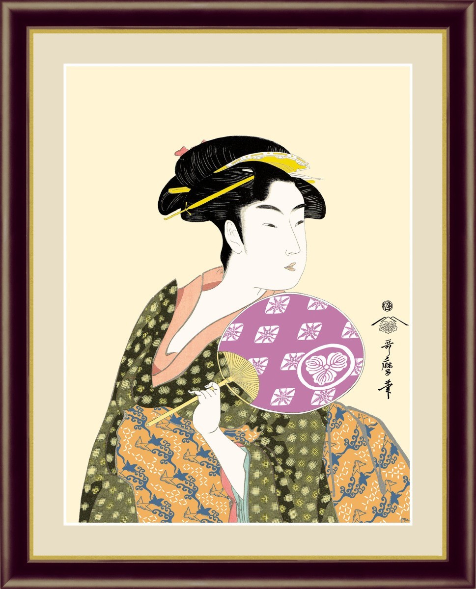 High-definition digital print Framed painting Ukiyo-e Beautiful woman painting by Utamaro Kitagawa Ohisa holding a fan F6, artwork, print, others