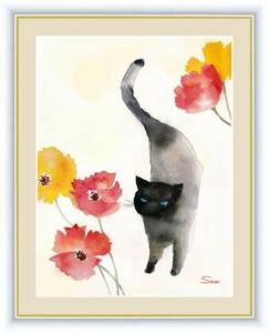 高精細デジタル版画 額装絵画 微笑みの中のこどもたち 榎本 早織作 「カーネーションと黒猫」 F6