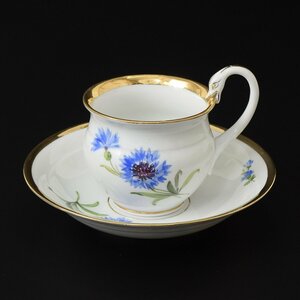 ◎460499 【SALE♪】 Meissen マイセン スワンハンドル フラワープリント カップ&ソーサー ヤグルマギク ブルー ボタン剣 アンティーク