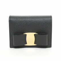 □502267 未使用品 Salvatore Ferragamo フェラガモ 二つ折り財布 ヴァラリボン ウォレット 22D515 レザー レディース ブラック ゴールド_画像1