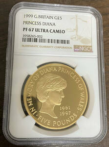 イギリス 1999年 ダイアナ妃追悼 5ポンド金貨 NGC PF 67 Ultra Cameo 