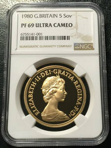 イギリス 1980年 5ポンド 金貨 ヤングエリザベス NGC PF69UC 