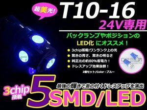 メール便送料無料 高輝度LED 24V T10ウェッジ 5連 3chip 3チップ 5050 SMD ブルー 青 2個セット 360度発光 大型車 トラック ポジション等