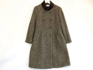 SCAPA Scapa wool herringbone fur stand-up collar tweed coat Italy made cloth *44 Brown × dark green 