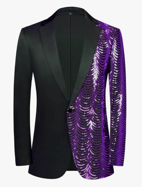 テーラード　ジャケット　スパンコール　黒　ブラック　光沢　紫　パープル
