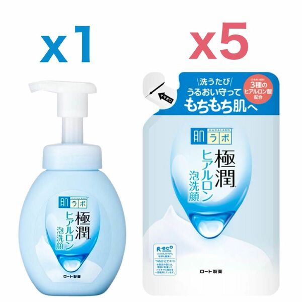 【本体x1、詰替x5】ロート製薬 肌ラボ 極潤 ヒアルロン泡洗顔 本体 160mL ＆ つめかえ用 140mL