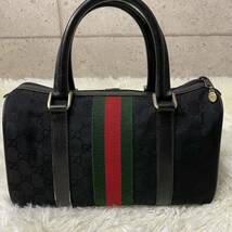 ①【美品】OLD GUCCI オールドグッチ ミニボストンバッグ　シェリーライン GGキャンバス 黒_画像3