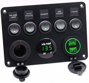12V 24V 対応 防水 スイッチ パネル デュアル シガー ライター ソケット 2.1A USB LED 電圧計 付 ランプ ライト グリーン 緑 KRB010