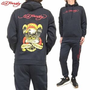 新品 正規 Ｍ 紺 エドハーディー Ed Hardy 裏起毛 セットアップ パーカー ジョガー 上下セット イーグル ユニセックス