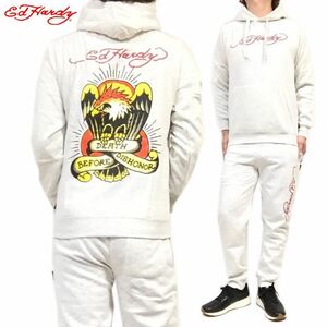 新品 正規 Ｌ 白 エドハーディー Ed Hardy 裏起毛 セットアップ パーカー ジョガー 上下セット イーグル ユニセックス