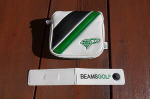 超美品!!ビームスゴルフ BEAMSGOLF パターカバー マレットタイプ 白×緑×黒 磁石スナップ付き♪