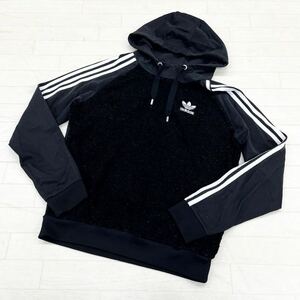 1291◎ adidas アディダス トップス トレーナー パーカー 切り替え スリーライン カジュアル 刺繍 ロゴ ブラック メンズL