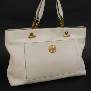 1円 ■ トリーバーチ 2WAYバッグ ホワイト系 レザー ゴールド金具 シンプル レディース TORYBURCH ■E.Bmp.An-21