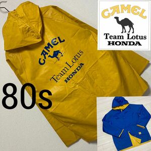 80s■Team LOTUS HONDA キャメル■リバーシブルラバージャケット フリーサイズ イエロー ブルー F1 アイルトンセナ 中嶋悟 ヴィンテージ