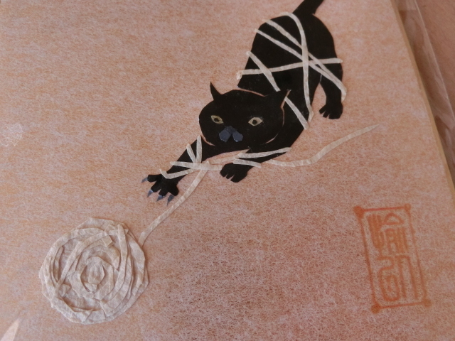 ◆Yui Takamuras Arbeit, echtes farbiges Papier Schwarze Katze und Wollknäuel Neue Katze CAT Collage Acryl ◆Versandkosten 120 Yen◆, Kunstwerk, Malerei, Collage, Papier schneiden