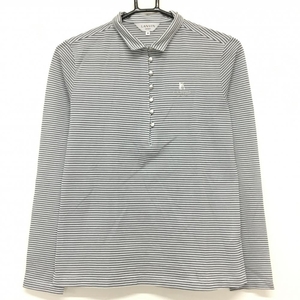 【超美品】ランバンスポール 長袖ポロシャツ グレー×白 ボーダー ラインストーン レディース 38(M) ゴルフウェア LANVIN SPORT