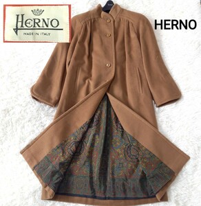 HERNO　ヘルノ　ロングコート　ジャケット　ステンカラー　シルク　絹　ペイズリー　総柄　ウール　毛　レディース　【訳あり】