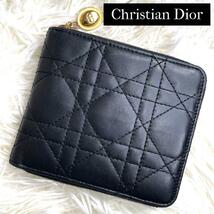 極美品 入手困難 / Christian Dior クリスチャンディオール カナージュコンパクトウォレット 二つ折り財布 ラウンド レザー ブラック_画像1