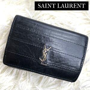 希少品 入手困難 / YSL SAINT LAURENT サンローラン タイニーカサンドラオリガミウォレット 三つ折り財布 レザー ブラック 562047