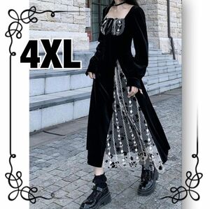 ベロア フラワーチュール ワンピース ゴシック ゴスロリ 黒 レース 4XL