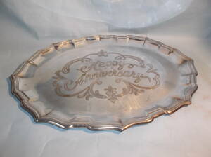 英国ビンテージ シルバープレート 純銀P トレー 皿 サルヴァ サルバトレイ 盆 Happy Anniversary アンティーク ヴィンテージ イギリス 
