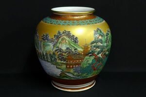 M167 九谷焼 久栄作 金彩色絵 山水楼閣文華器 花瓶 花入れ 花生 飾り壺 床の間 茶道具 華道具 伝統工芸/140