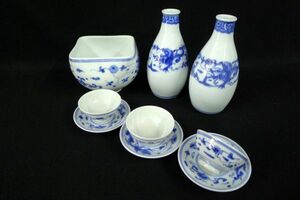 M066 美品 瑞鳳堂造 染付唐草麒麟文 楳鳳(銘) 徳利二客 輝山(銘) 湯冷まし 日凡(銘) 煎茶碗 お皿三客 酒器 茶道80