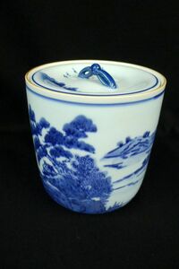 N519 美品 京焼 柴田(銘) 染付山水楼閣文水指 水差 かめ 水甕 茶器 茶道具 伝統工芸 古美術/60