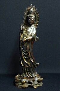 N287 旧家蔵出品 時代物 天然木製 木彫り 聖観音菩薩立像 仏像高さ29cm 細密彫刻 仏具 仏教美術/80
