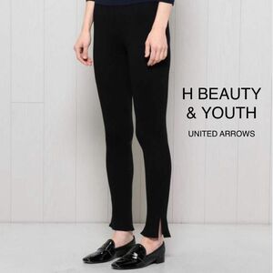 ★美品★【H BEAUTY&YOUTH 】スリット入り リブ レギンス スパッツ タイツ　レギパン　黒