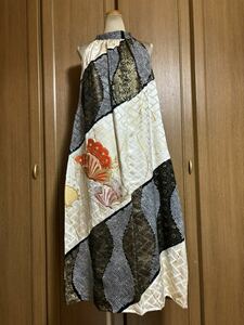 着物リメイク★45★黒白振袖ホルターネックロングワンピース・ストール★絞り舞蝶刺繍