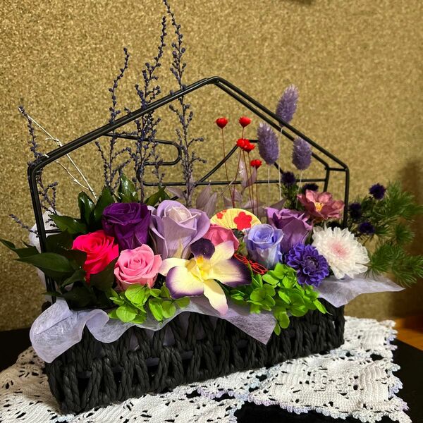 ブリザードフラワーアレンジ☆富士山の花器が和風で華やか☆玄関飾り、リビングにも