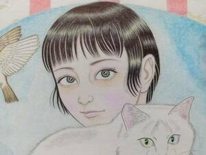 オリジナル直筆アナログイラスト「ニャンコと少女」色紙　猫　送料無料