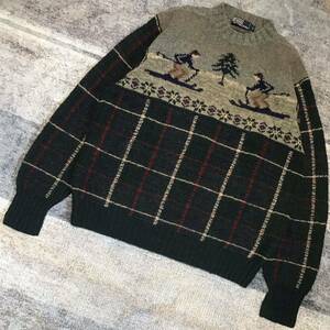 稀少モデル 最高のスキー柄&チェック柄 90's vintage ★ Polo by Ralph Lauren ★ 風景画 ノルディック柄 雪柄 ダイヤ柄 ニット セーター L