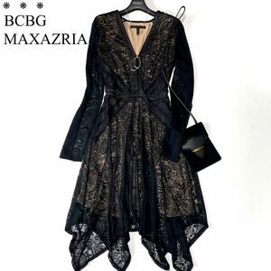 美品◇BCBG MAXAZRIA　総レース ドレス ワンピース / 洗える　Vネック　フレアヘムスカート　長袖　裏地付き　黒