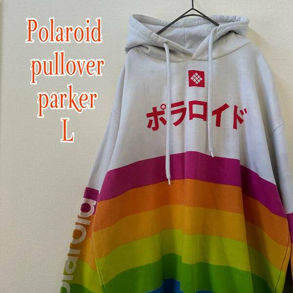 USA古着　Polaroid ポラロイド　プルオーバーパーカー　L レインボー　カラフル　袖プリント　裏起毛