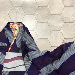  antique kimono Showa Retro stripe purple .. discipline Taisho romance modern peace ...ko-te remake silk silk 100%.18-07t
