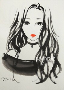 肉筆原画　水彩画　ドローイング　手描きイラスト　オリジナル　美人画　絵画　現代美術　A4　@mucica