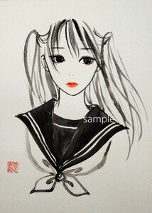 肉筆原画　水彩画　ドローイング　drawing　手描きイラスト　A4　セーラー服　美人画　女の子　絵画　@mucica