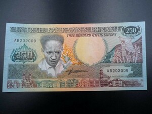未使用 旧紙幣 南アメリカ スリナム 250ギルダー 1988年 鳥