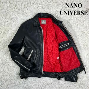 ナノユニバース【極上のラムレザー】nano universe レザージャケット　ライダース キルティング ペイント ブラック レッド